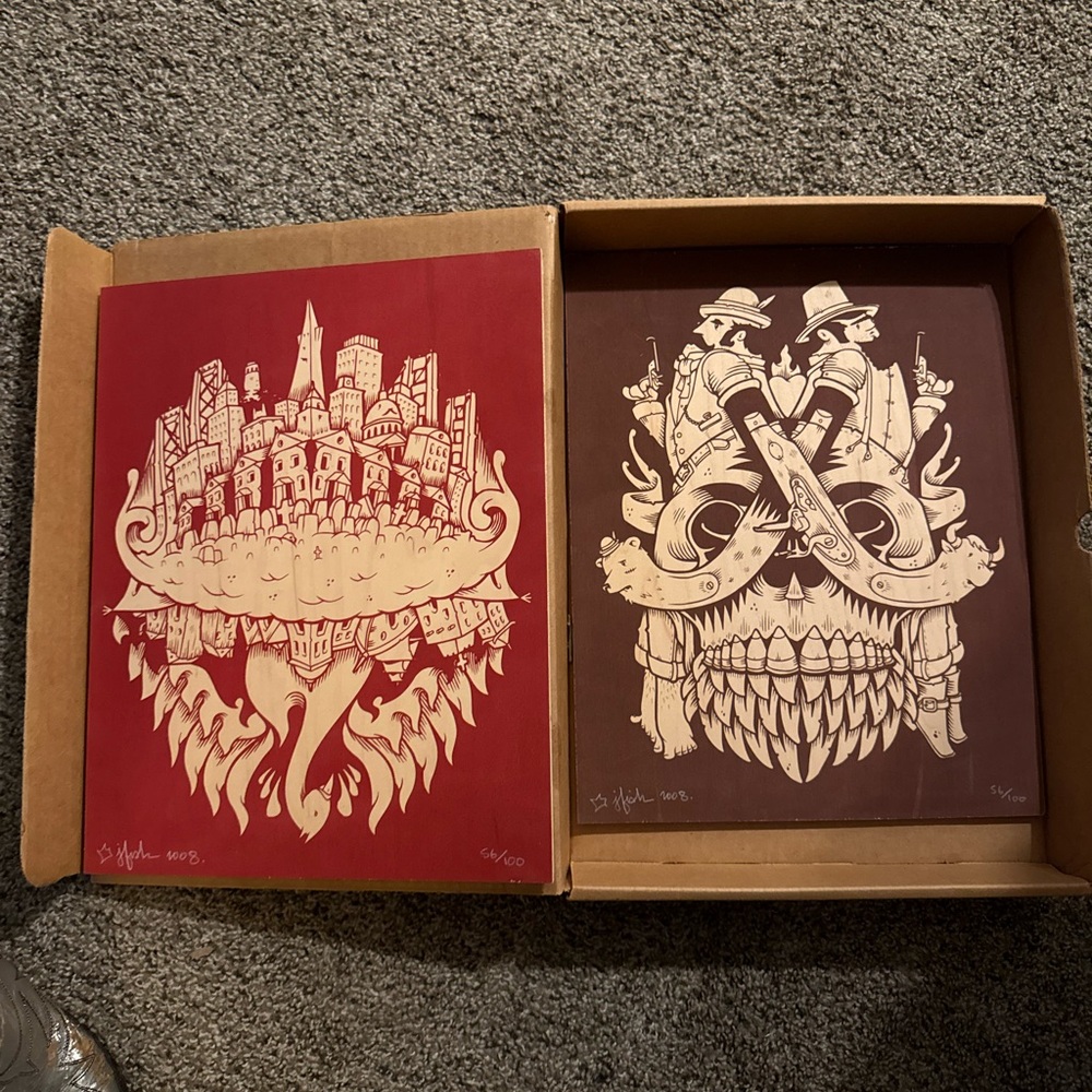Urban Skull Art Print Set - Red and Brown